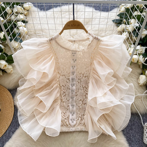 Niche Ruffled Crochet Sleeveless Shirt