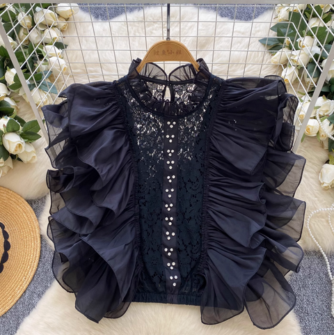 Niche Ruffled Crochet Sleeveless Shirt