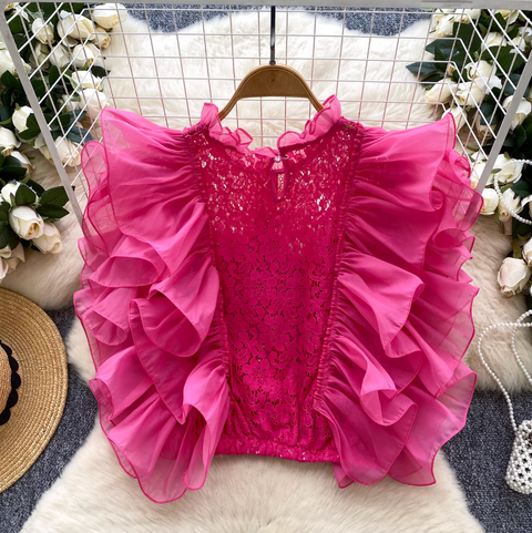 Niche Ruffled Crochet Sleeveless Shirt