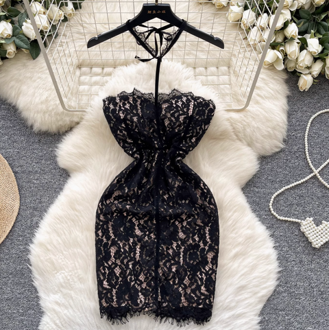 Embroidered Lace Bustier Halter Dress