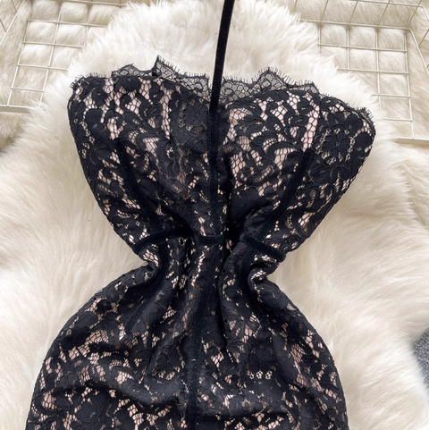 Embroidered Lace Bustier Halter Dress