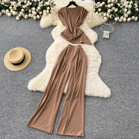 Asymmetric Top & Wide-leg Trousers 2Pcs