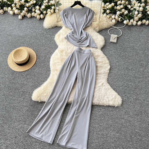 Asymmetric Top & Wide-leg Trousers 2Pcs