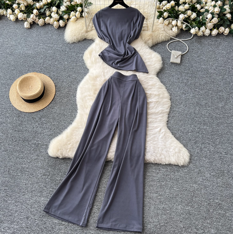 Asymmetric Top & Wide-leg Trousers 2Pcs