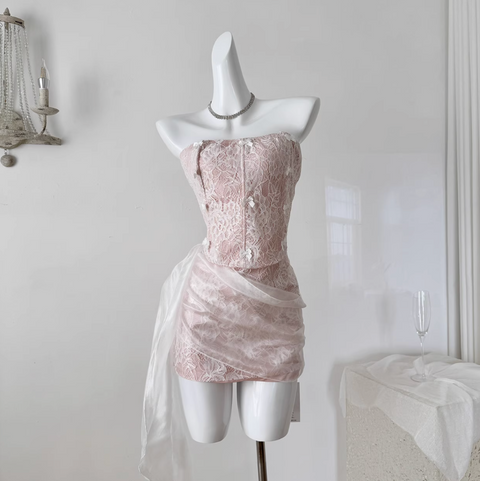 Fishbone Top & Lace Patchwork Skirt 2Pcs