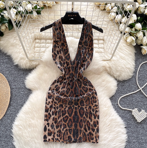 Deep V-neck Sequined Leopard Printed Dress