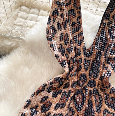 Deep V-neck Sequined Leopard Printed Dress