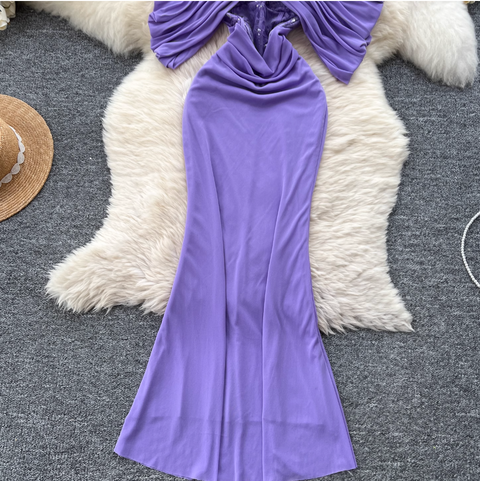 Off-shoulder Pleated Purple Fishtail Dress