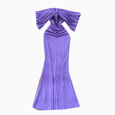 Off-shoulder Pleated Purple Fishtail Dress