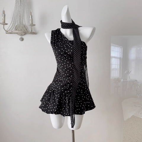 White Polka Dot Pleated Black Dress