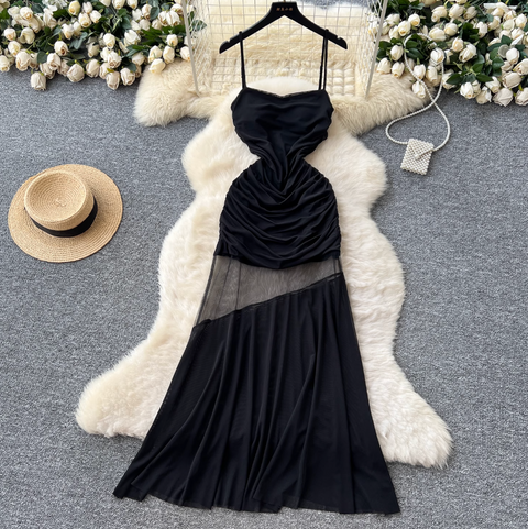 French Style Patchwork Pleated Slip Dress