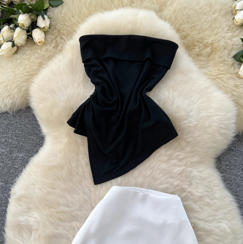 Asymmetric Top & Satin Skirt 2Pcs