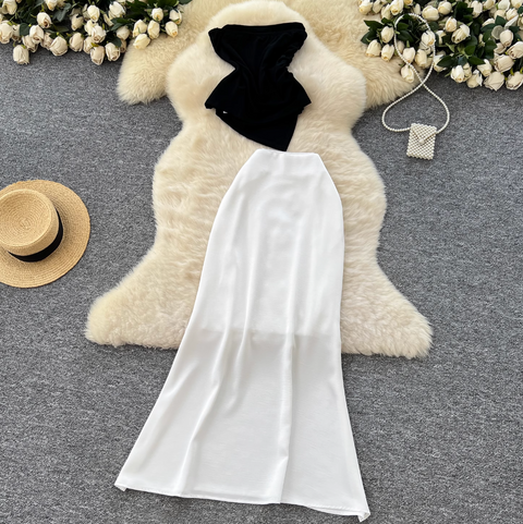Asymmetric Top & Satin Skirt 2Pcs