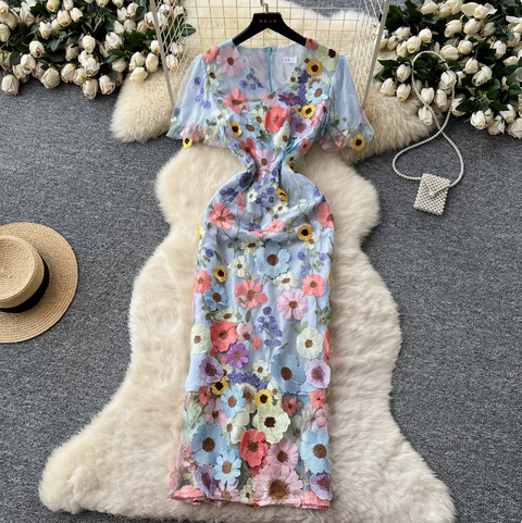 V-neck Flower Embroidered Party Dress