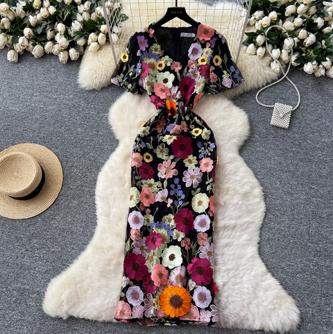 V-neck Flower Embroidered Party Dress