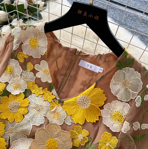 V-neck Flower Embroidered Party Dress