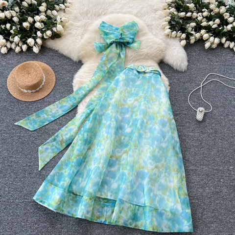 Bow-tie Top & Printed Skirt 2Pcs