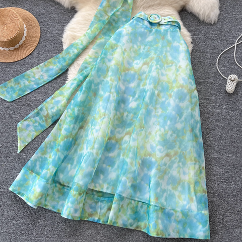 Bow-tie Top & Printed Skirt 2Pcs