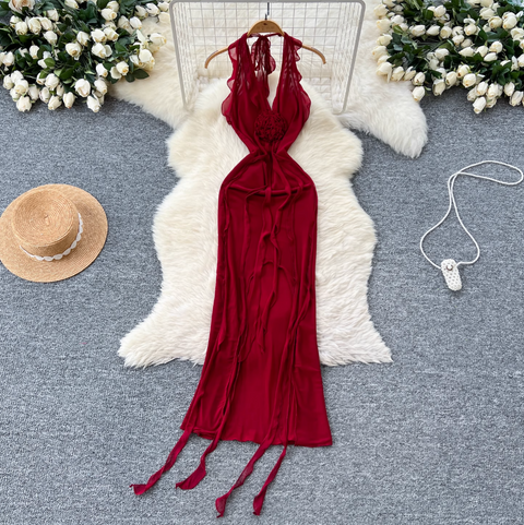 Niche Design Ripped Red Mesh Dress