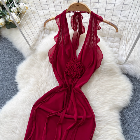 Niche Design Ripped Red Mesh Dress