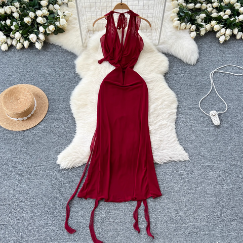 Niche Design Ripped Red Mesh Dress