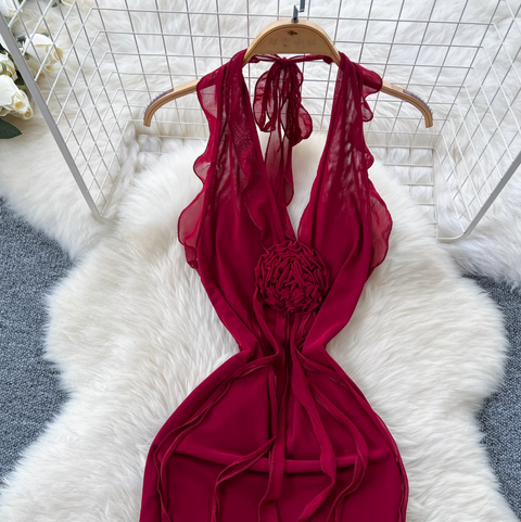 Niche Design Ripped Red Mesh Dress