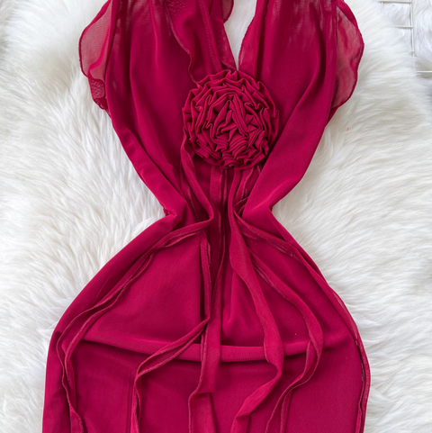 Niche Design Ripped Red Mesh Dress