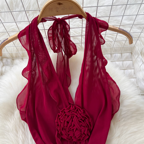 Niche Design Ripped Red Mesh Dress