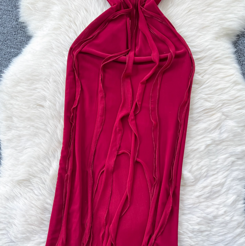 Niche Design Ripped Red Mesh Dress