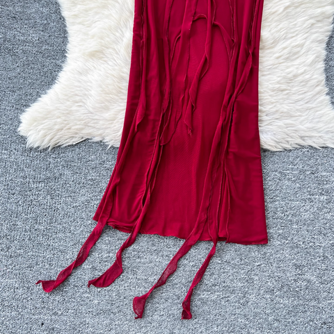 Niche Design Ripped Red Mesh Dress