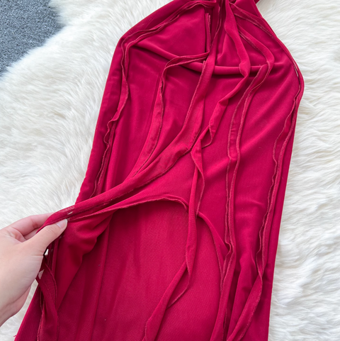 Niche Design Ripped Red Mesh Dress