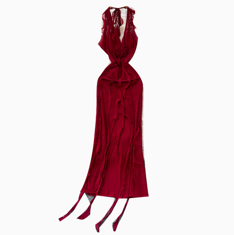 Niche Design Ripped Red Mesh Dress