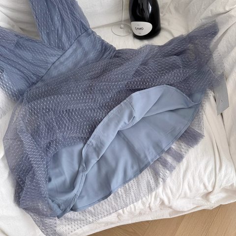 V-neck Grayish Blue Puffy Dress
