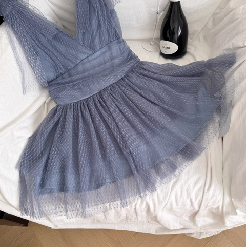 V-neck Grayish Blue Puffy Dress