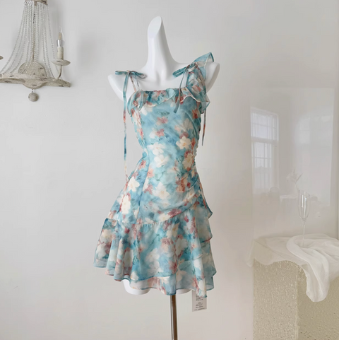 Oil Painting Floral Lace-up Dress