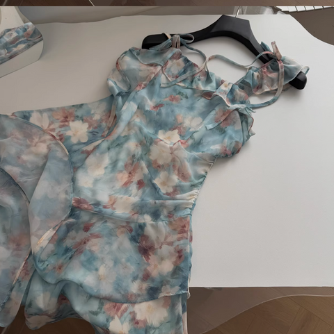 Oil Painting Floral Lace-up Dress