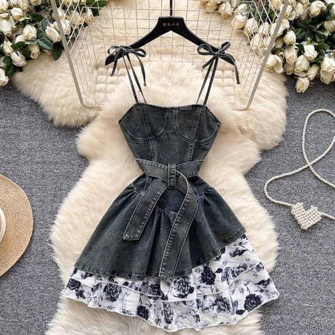 Niche Floral Patchwork Denim Slip Dress