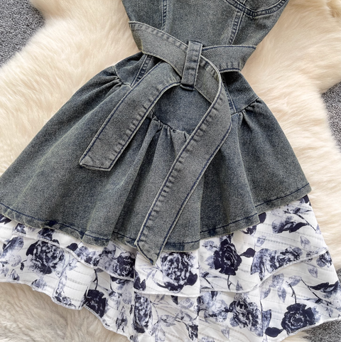 Niche Floral Patchwork Denim Slip Dress