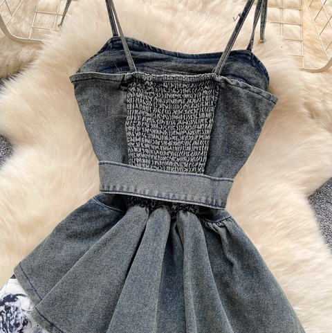 Niche Floral Patchwork Denim Slip Dress