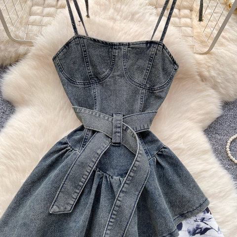 Niche Floral Patchwork Denim Slip Dress