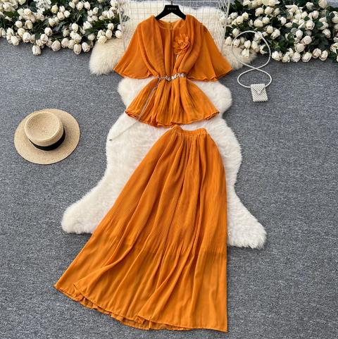 3D Flower Top & Half-body Skirt Pleated 2Pcs