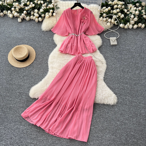 3D Flower Top & Half-body Skirt Pleated 2Pcs