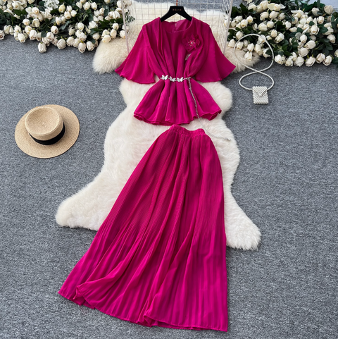 3D Flower Top & Half-body Skirt Pleated 2Pcs