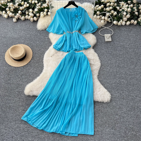 3D Flower Top & Half-body Skirt Pleated 2Pcs