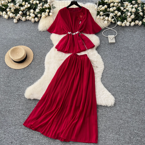 3D Flower Top & Half-body Skirt Pleated 2Pcs