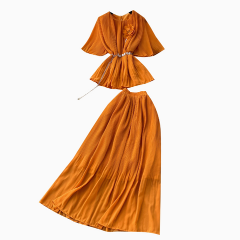 3D Flower Top & Half-body Skirt Pleated 2Pcs