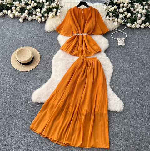 3D Flower Top & Half-body Skirt Pleated 2Pcs