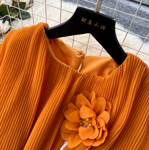 3D Flower Top & Half-body Skirt Pleated 2Pcs