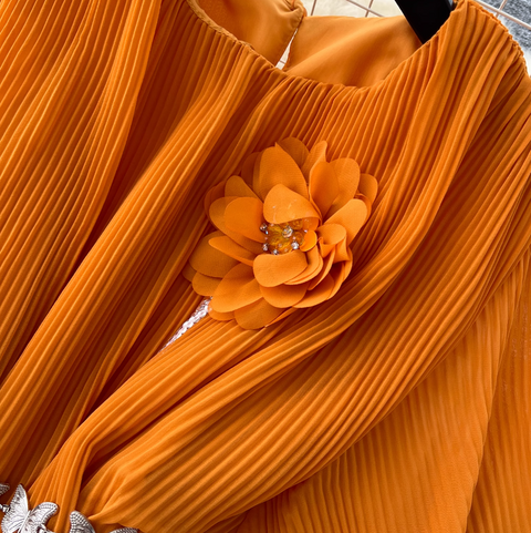 3D Flower Top & Half-body Skirt Pleated 2Pcs