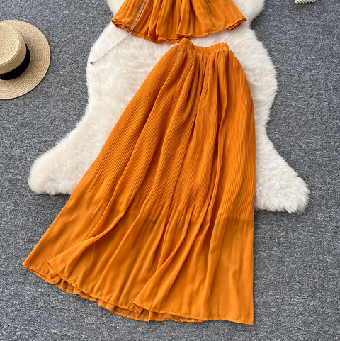 3D Flower Top & Half-body Skirt Pleated 2Pcs